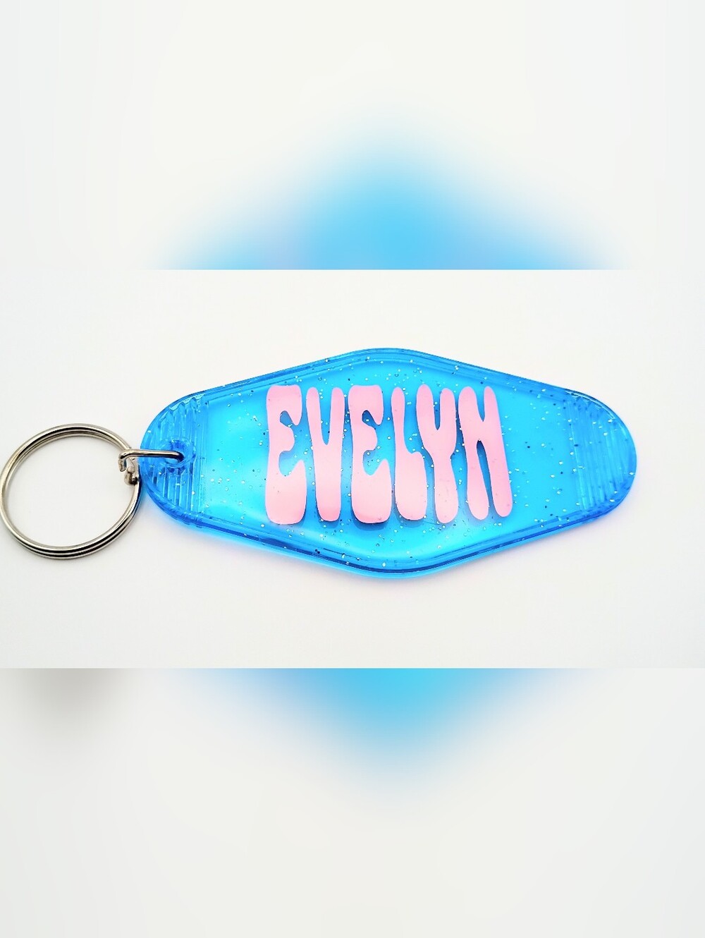 Personalized Blue Keychain with Pink 'Evelyn' Name
